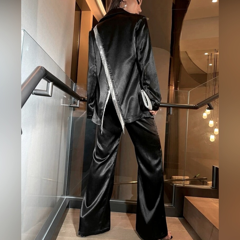 Fringe Trim Split Back  Blazer & Pants